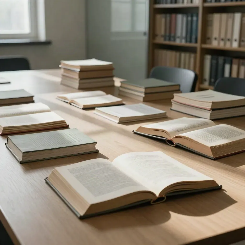 SEO-dummys en papierstapels in een archiefvergaderruimte bij koel raamlicht