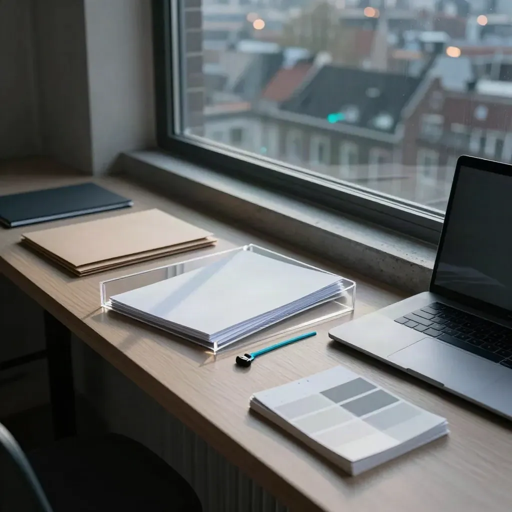 Utrechtse werkplek bij open raam met laptop, papieren en stadsgloed in de avond.