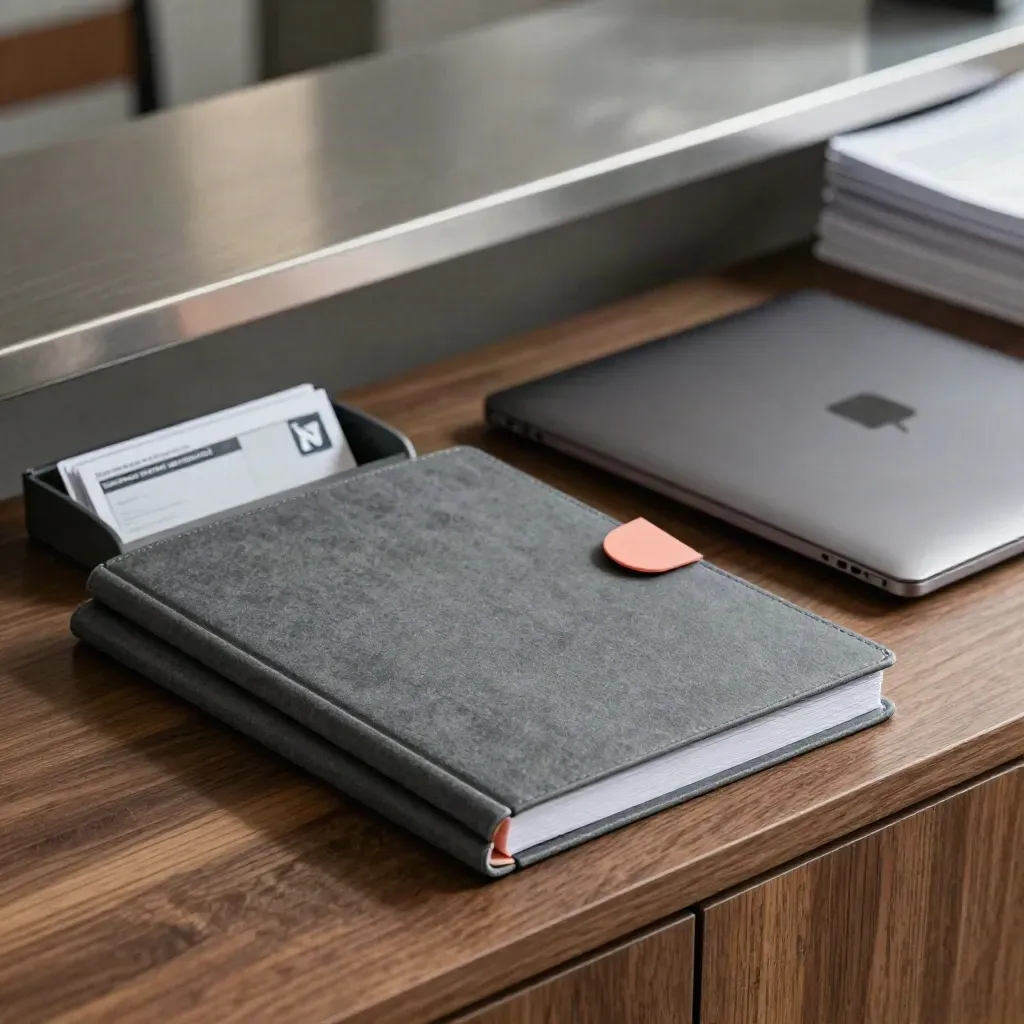 Drie mappen, een gesloten laptop en documenten in een lade op een kantoorplek.