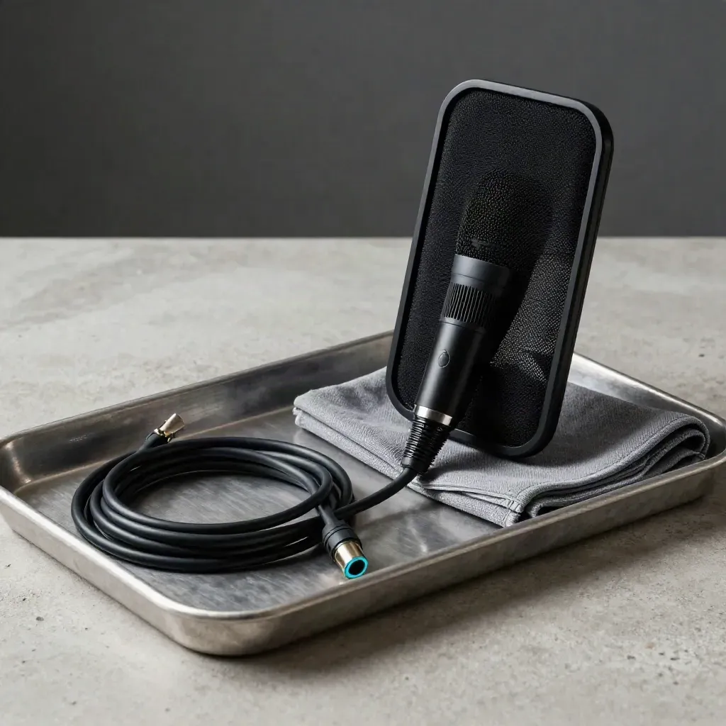 Matte shotgunmicrofoon met kabel en doek op metalen tray in koel studiolicht