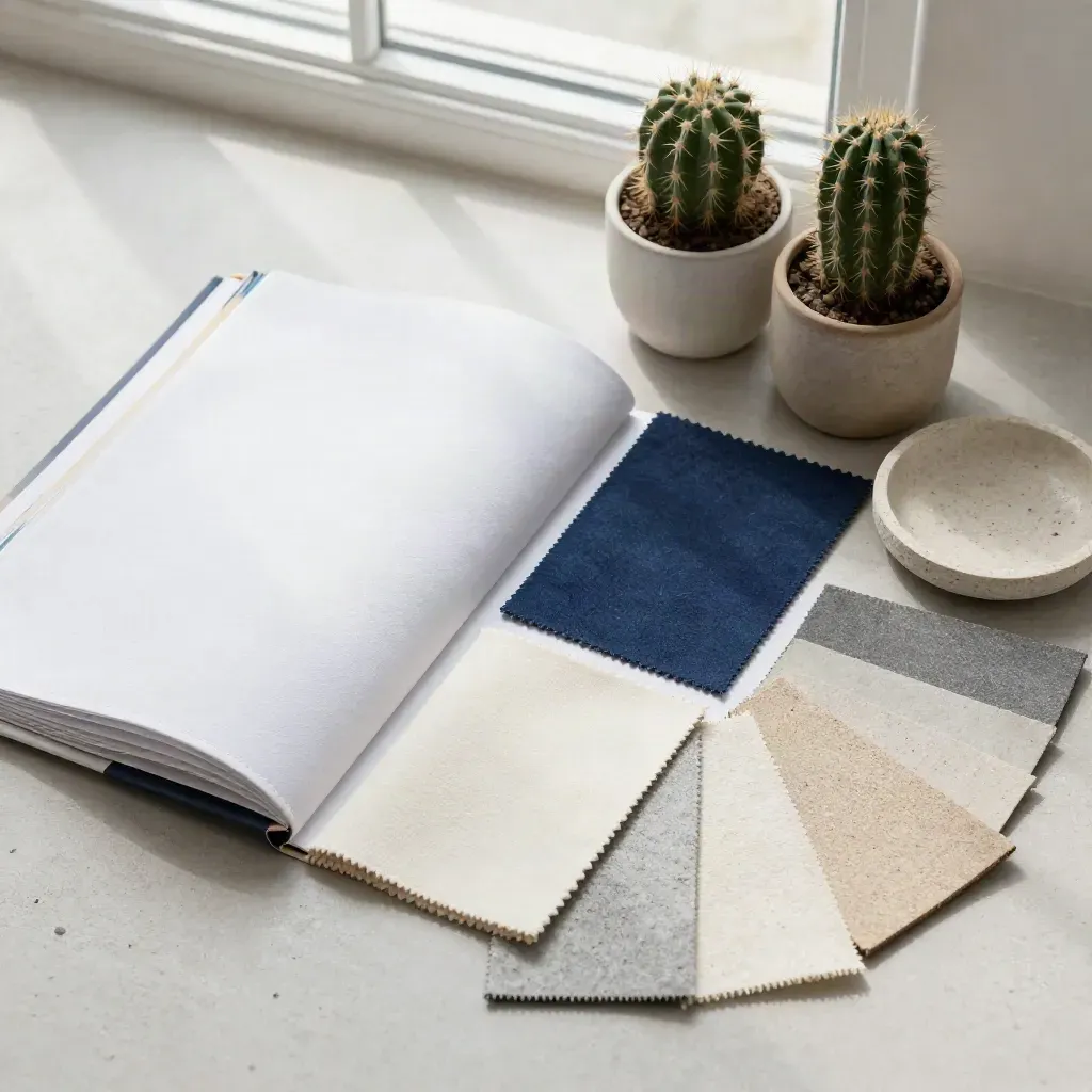Overhead flatlay met stalenboek, cactus en keramische schaal op beton