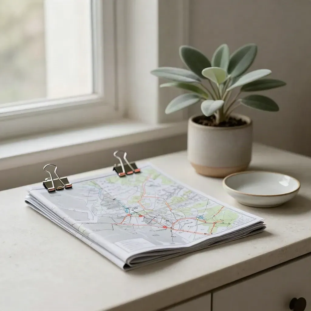 Campagne-support set op een lichte sideboard met plant, clips en schaal