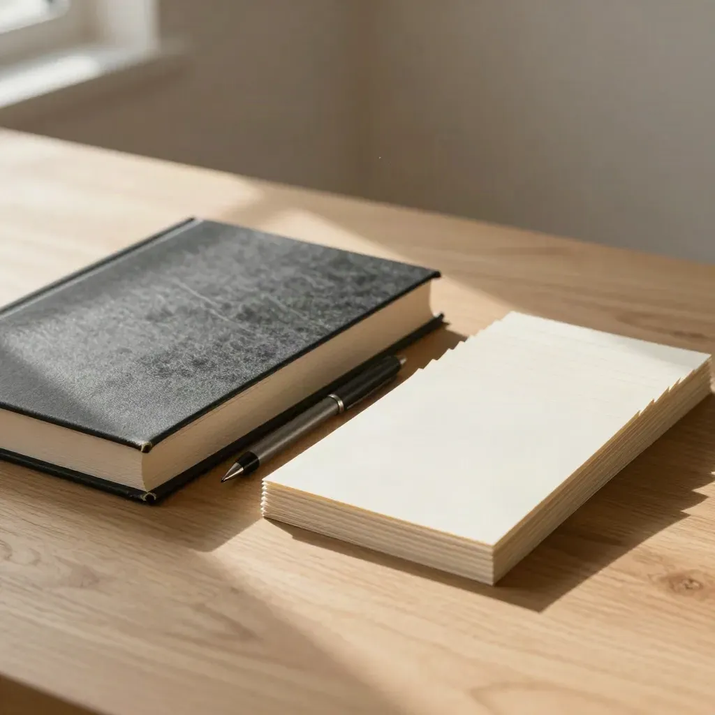 Gesloten manuscriptdummy, pen en indexkaarten op een eiken werkblad in zacht daglicht.
