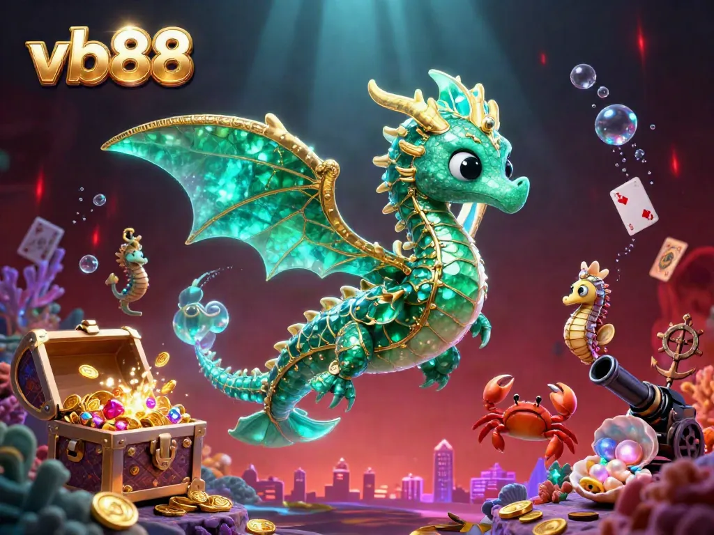 Win big with vb88 in a vibrant underwater casino scene featuring a magical leafy sea dragon.
