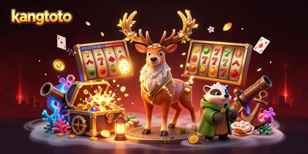 Gambarkan animasi kangtoto dengan simbol slot dan karakter 3D yang mempesona.