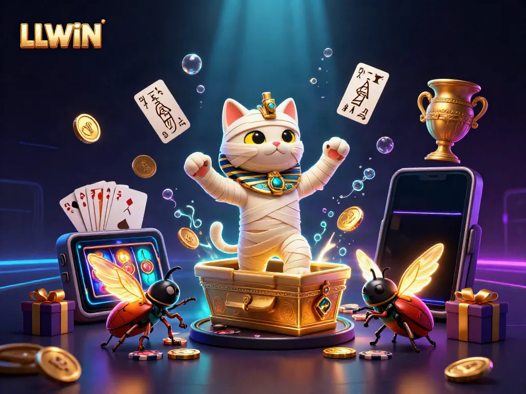 Engage with LLWIN's vibrant casino world through a dynamic scene featuring a cartoon mummy cat and lively gaming elements.