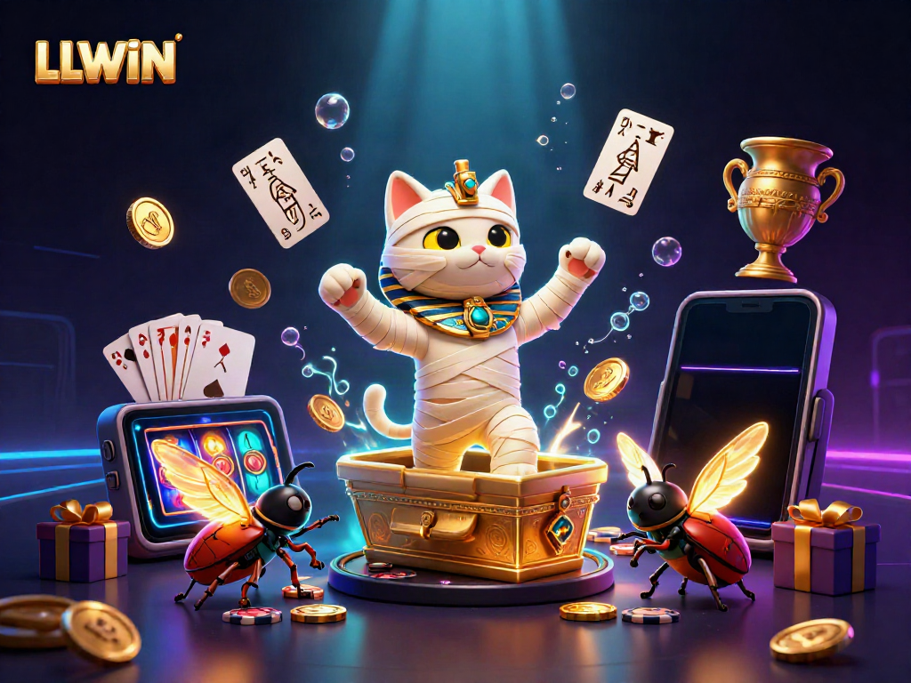 Engage with LLWIN's vibrant casino world through a dynamic scene featuring a cartoon mummy cat and lively gaming elements.