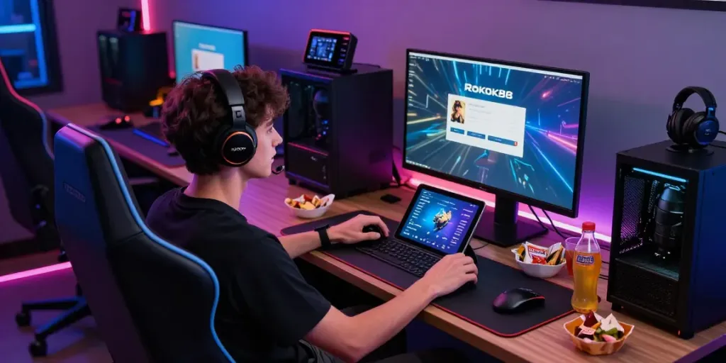 User seamlessly navigating the ROKOK88 login on a gaming desktop, surrounded by gaming gear and a cozy setup, embodying modern digital entertainment.