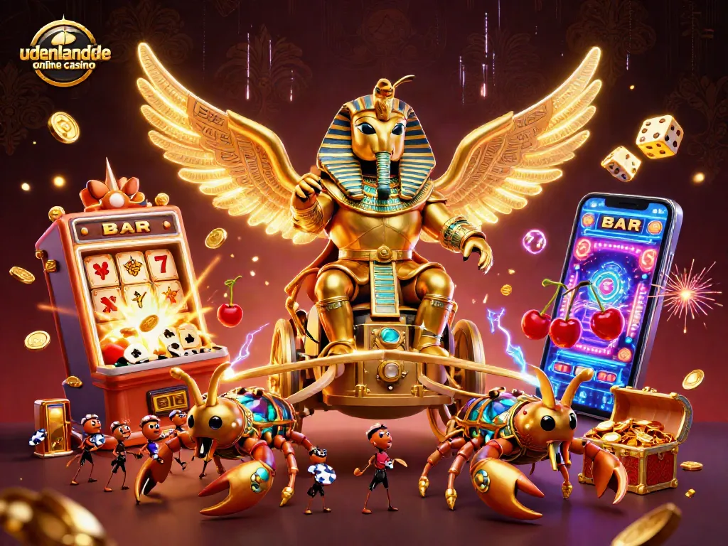 Experience the excitement of udenlandske online casino with a vibrant 3D illustration featuring a golden beetle character.