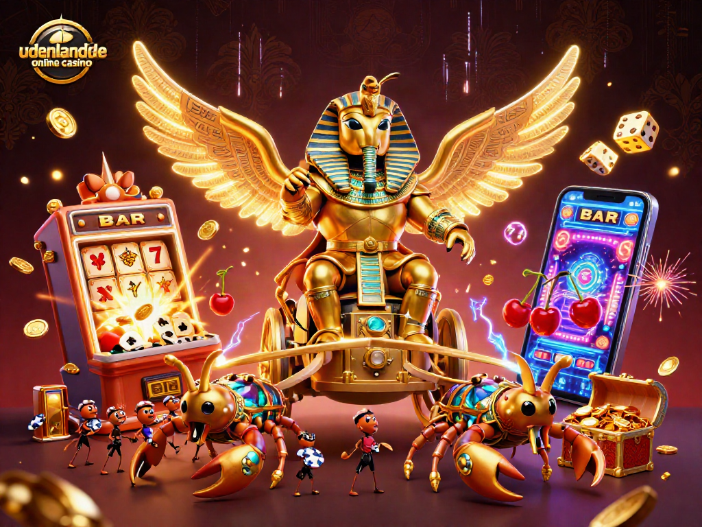 Experience the excitement of udenlandske online casino with a vibrant 3D illustration featuring a golden beetle character.