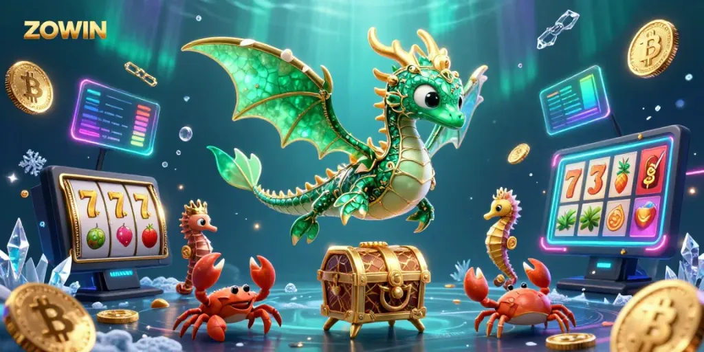Experience ZOWIN's exciting underwater casino adventure with emerald-themed characters and vibrant game symbols.