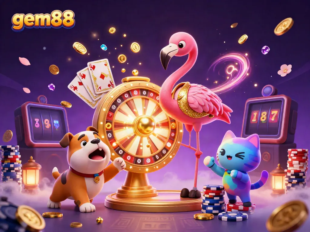 Experience gem88 excitement with a vibrant game show scene showcasing prizes, coins, and energetic characters.