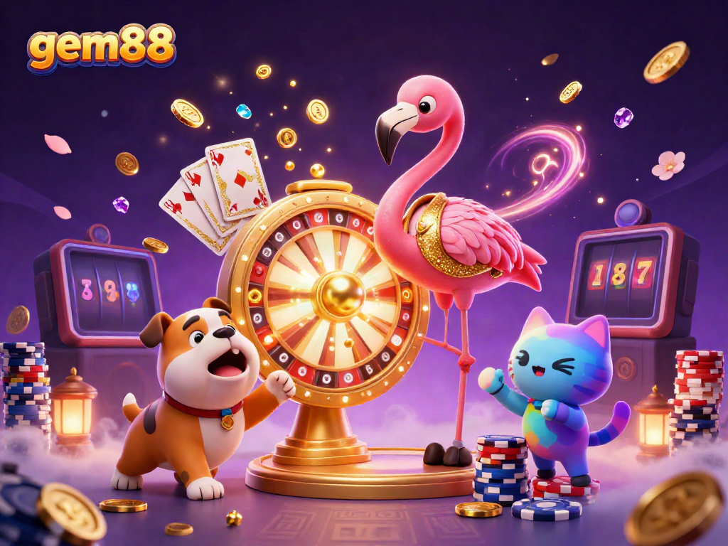 Experience gem88 excitement with a vibrant game show scene showcasing prizes, coins, and energetic characters.