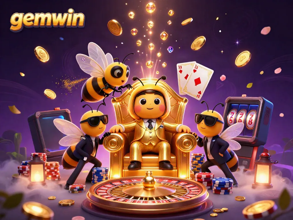 Experience the excitement of gemwin with our 3D illustration showcasing casino characters and game elements.