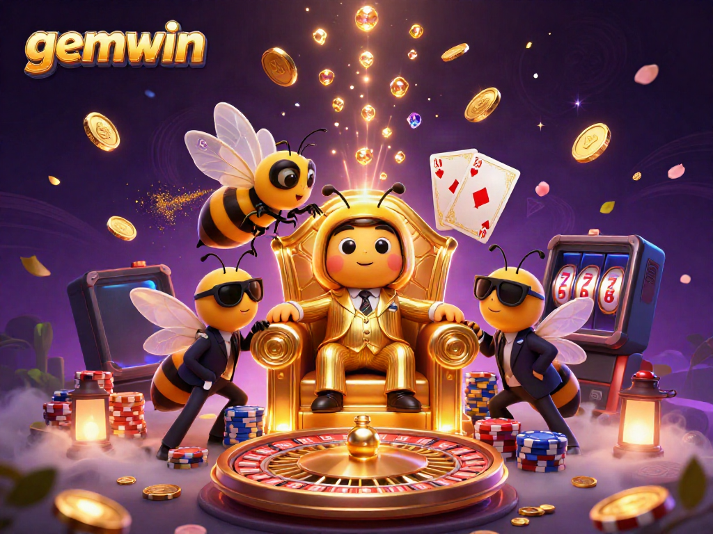 Experience the excitement of gemwin with our 3D illustration showcasing casino characters and game elements.