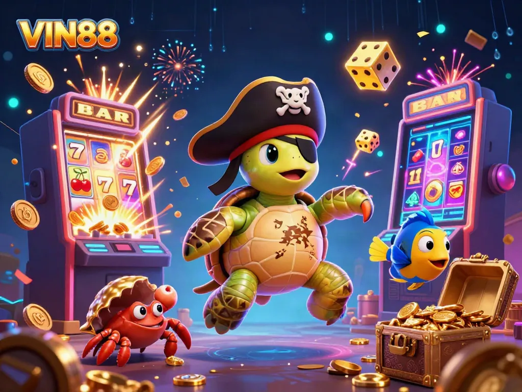Discover the thrilling world of VIN88 with an enchanting pirate turtle, gaming elements, and vibrant treasure scenes.