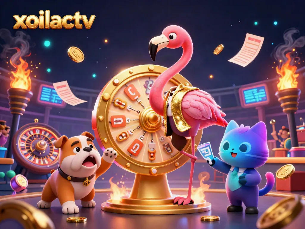 Xoilactv showcases a vibrant casino scene with flamingo host, bulldog contestant, and dynamic sports betting elements.