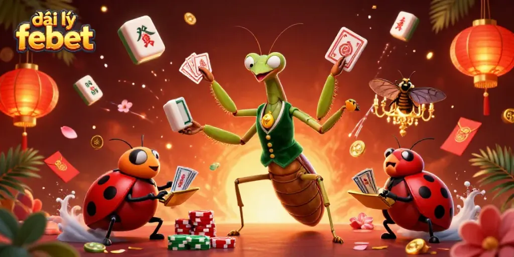 Experience thrilling gaming action at đại lý febet with a vibrant 3D casino illustration showcasing unique characters and lucky motifs.