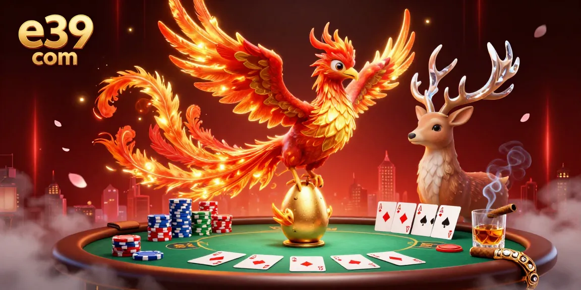 Engage with thrilling poker action in e39 com's vibrant, stunning casino world featuring a magical phoenix.