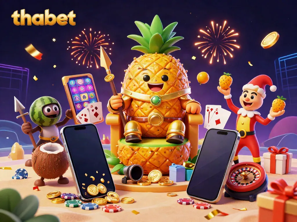 Engage with thabet's exciting offerings amidst a vibrant 3D casino scene featuring fruit-themed characters.