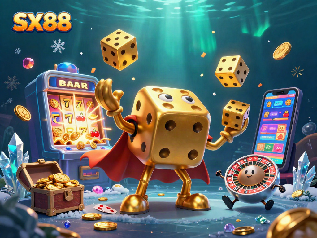 Play and win at SX88 with a dynamic 3D casino illustration featuring golden dice and slot machines.