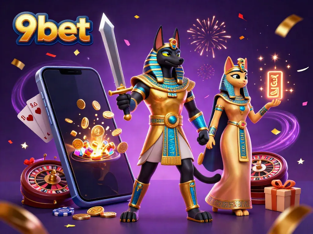 Engage with 9bet as Anubis and Bastet celebrate a jackpot win amidst slot games and confetti.