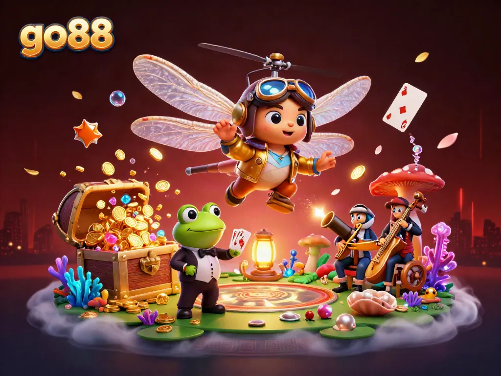 Experience the vibrant world of go88 with a dynamic casino scene showcasing exciting games and characters.