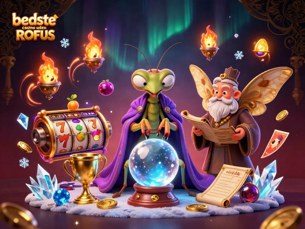 Experience the thrill at bedste casino uden ROFUS with magical 3D illustrations of fortune tellers and slot machines.