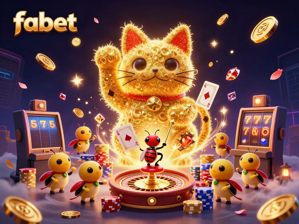 Experience vibrant fun with fabet's colorful casino game display featuring a giant lucky cat.