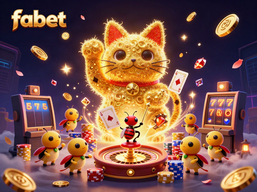 Experience vibrant fun with fabet's colorful casino game display featuring a giant lucky cat.