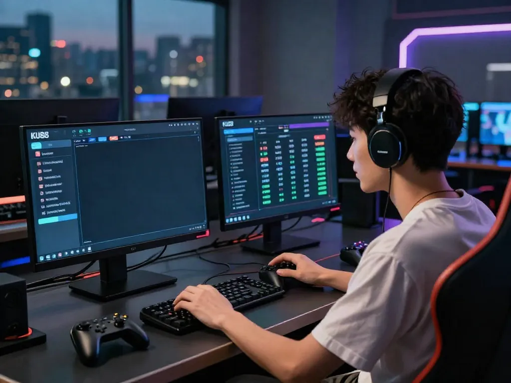 Engaging gaming scene with a user betting on KU88, surrounded by tech and ambiance.