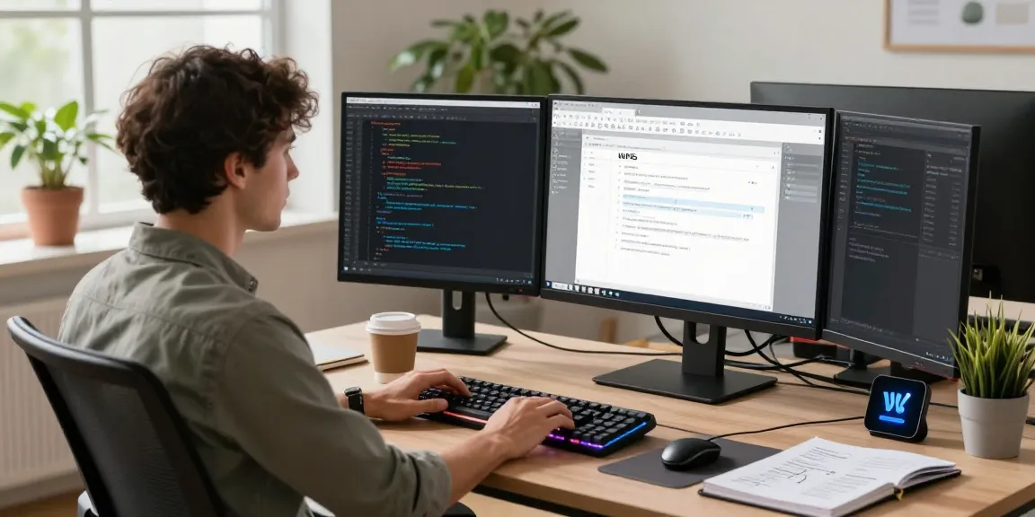 Download WPS Office in a modern workspace with dual monitors showing documents and code for productivity.