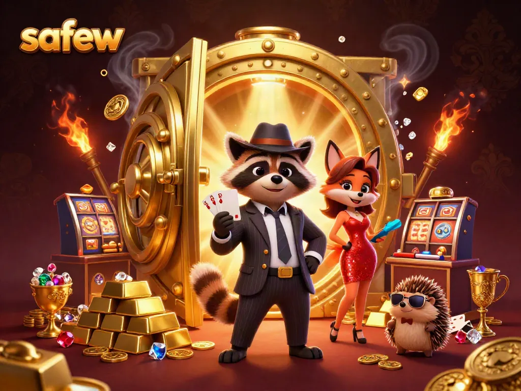 Experience safew's thrilling casino vibe with a raccoon in a royal flush scene, surrounded by treasures.