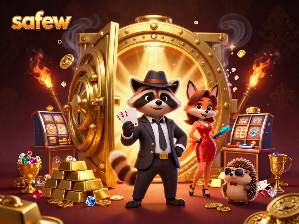 Experience safew's thrilling casino vibe with a raccoon in a royal flush scene, surrounded by treasures.