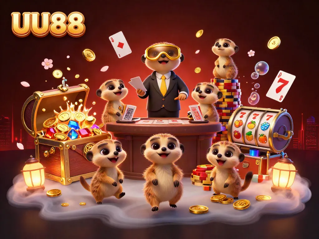 Experience thrilling gambling adventures with UU88 in a lively meerkat-run casino scene, full of excitement!