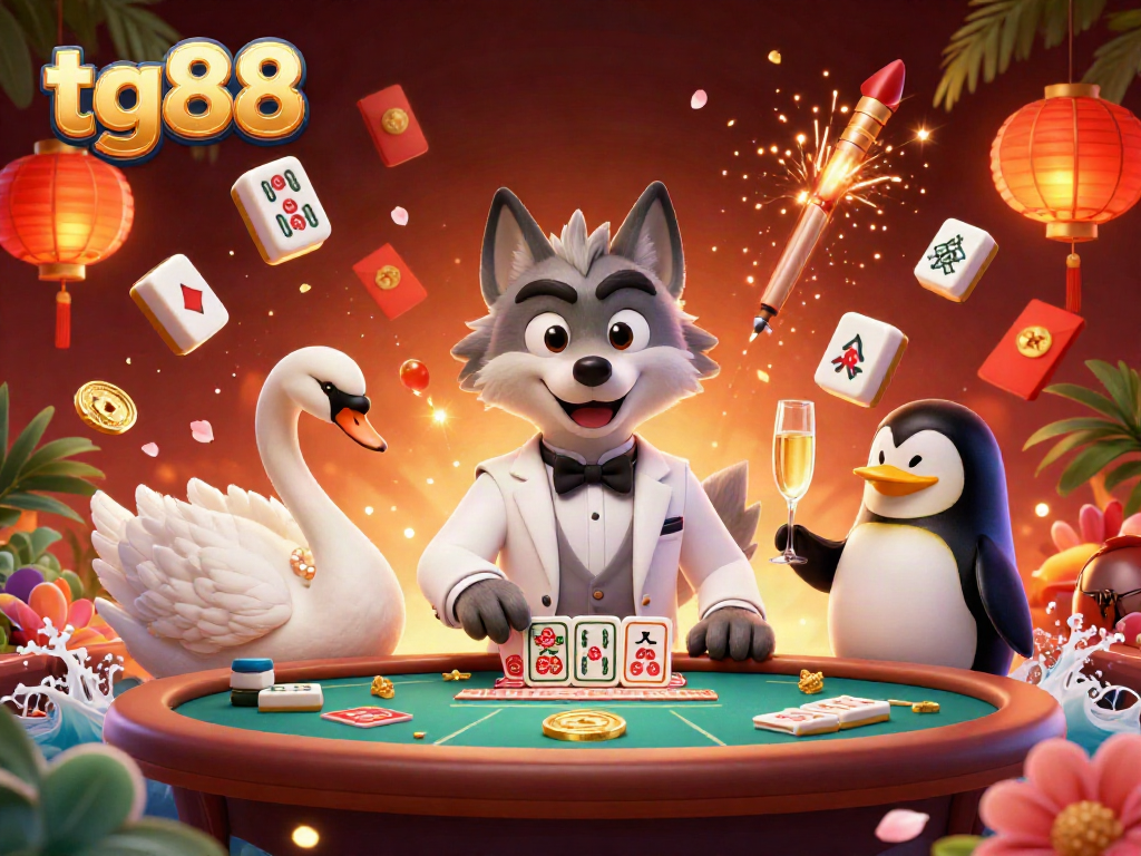 Engage in thrilling gameplay at tg88 with a debonair wolf and elegant swan at a vibrant casino table.