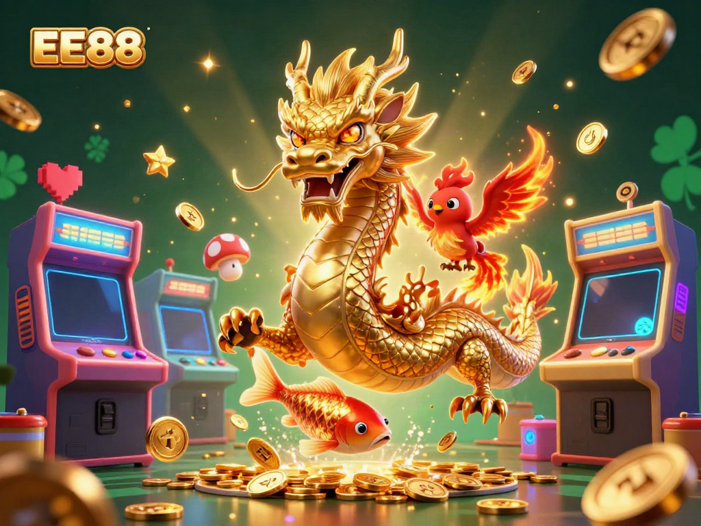 Experience the exciting world of EE88 with dynamic characters like a golden dragon, lucky koi fish, and vibrant gaming elements.