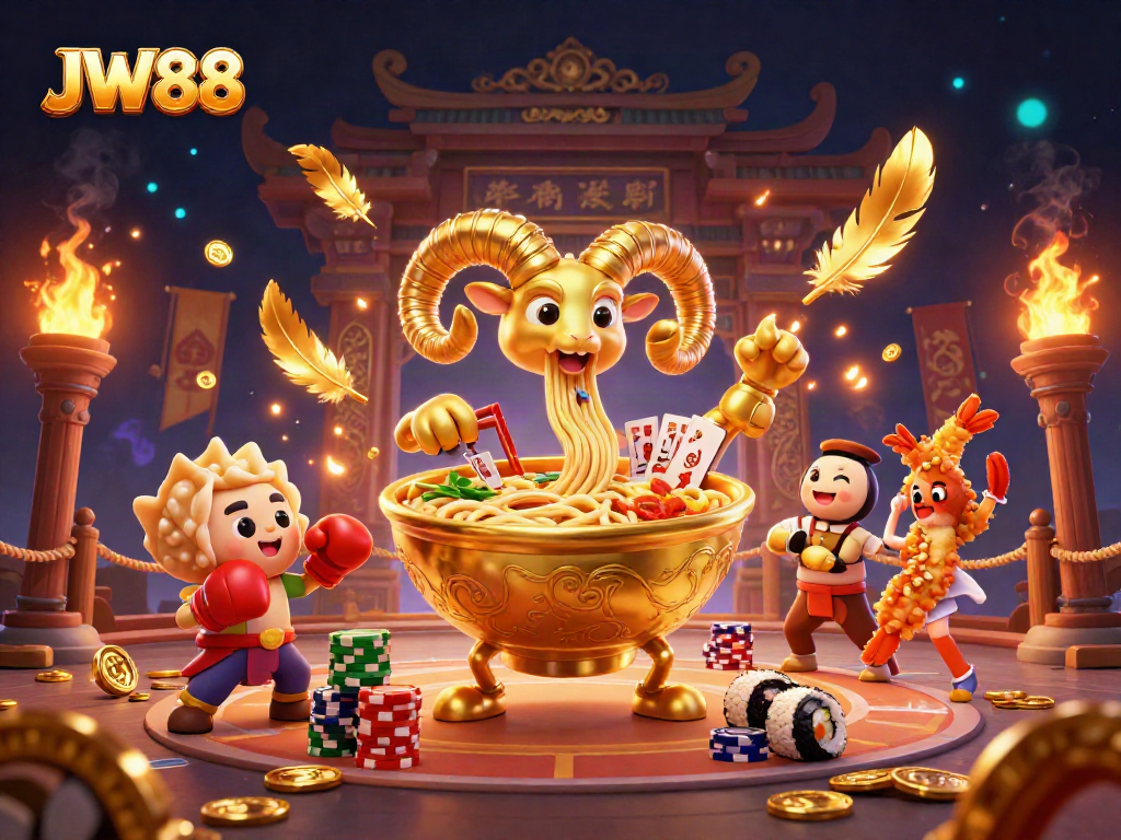 Engage with JW88's dynamic gaming scene featuring vibrant casino elements, characters, and energy.
