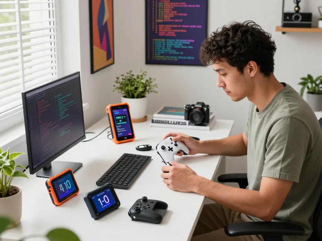 Reviewing trending tech gadgets like the 8BitDo Ultimate 2 controller in a modern home office setup.