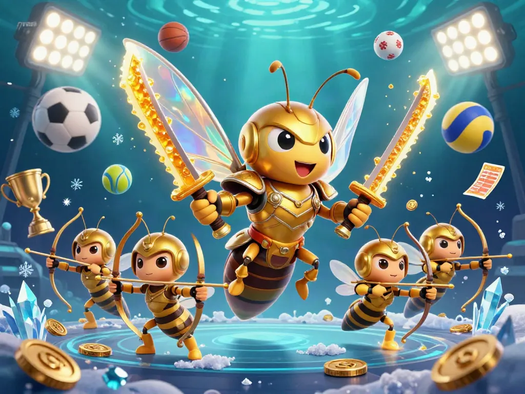 Immerse in the vibrant gameplay of FIVE88 featuring golden hornets in battle, amidst lively sports elements.