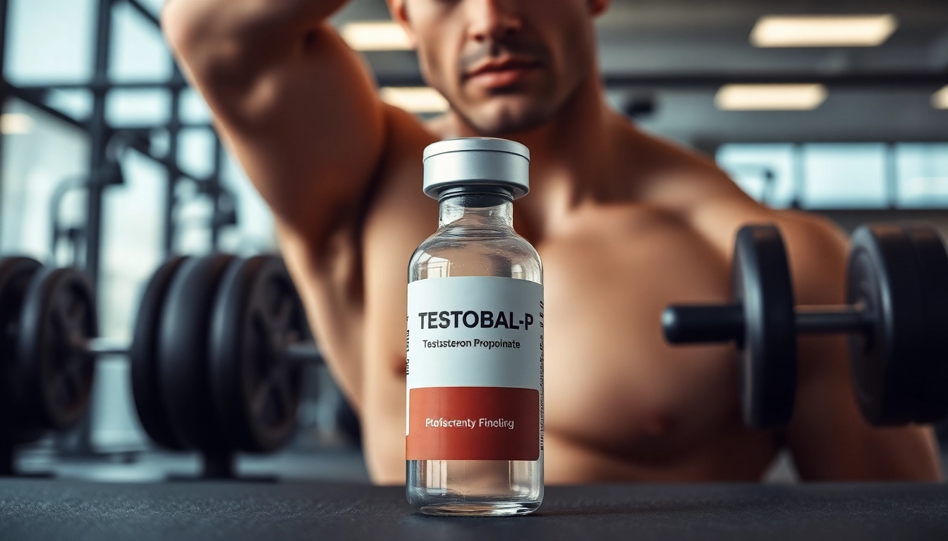 Testobal-P Testosteron Propionate vial presented prominently in a gym atmosphere.