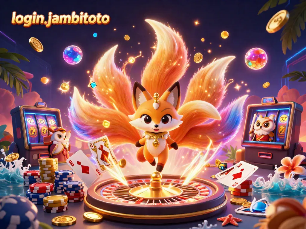 Join the excitement of login jambitoto, featuring vibrant characters and casino elements like glowing coins and roulette wheels.