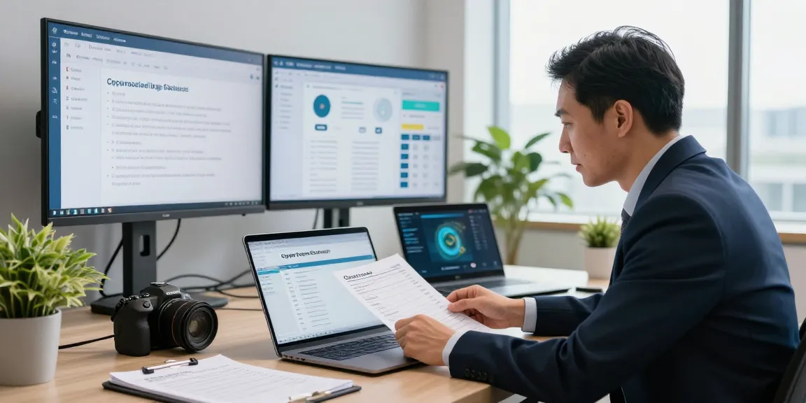 A Cyber Essentials assessor reviewing security protocols in a modern office environment, showcasing professional assessment methods.