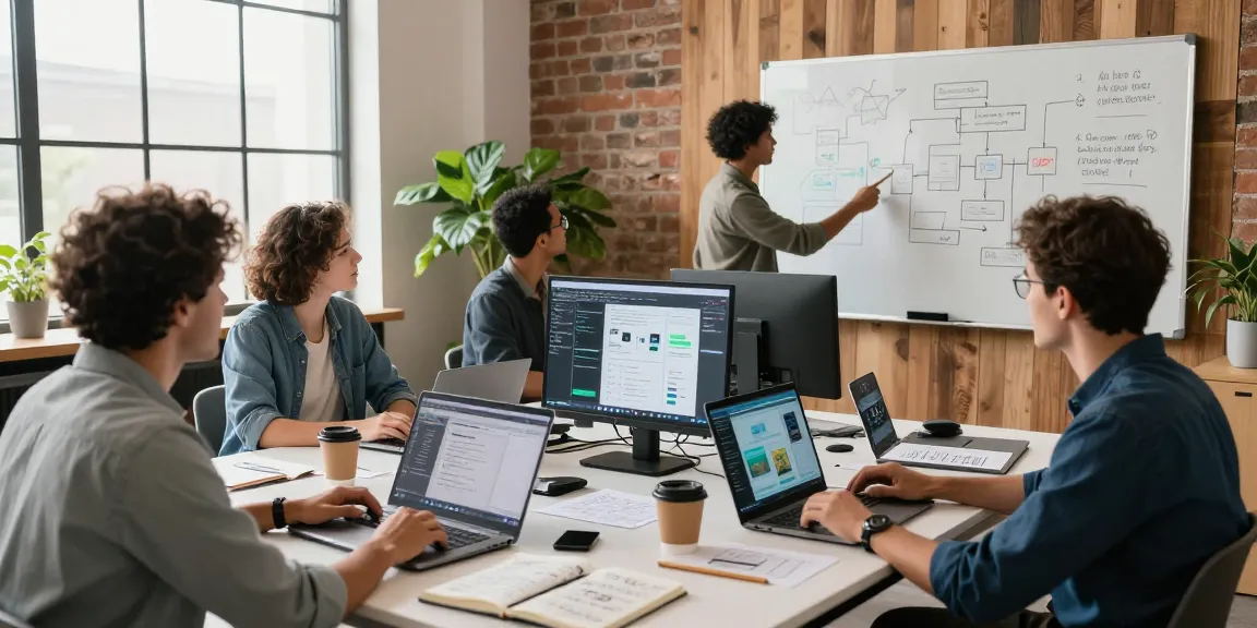 Build internal tools with AI by collaborating in a tech-savvy workspace, showcasing teamwork and coding innovation.