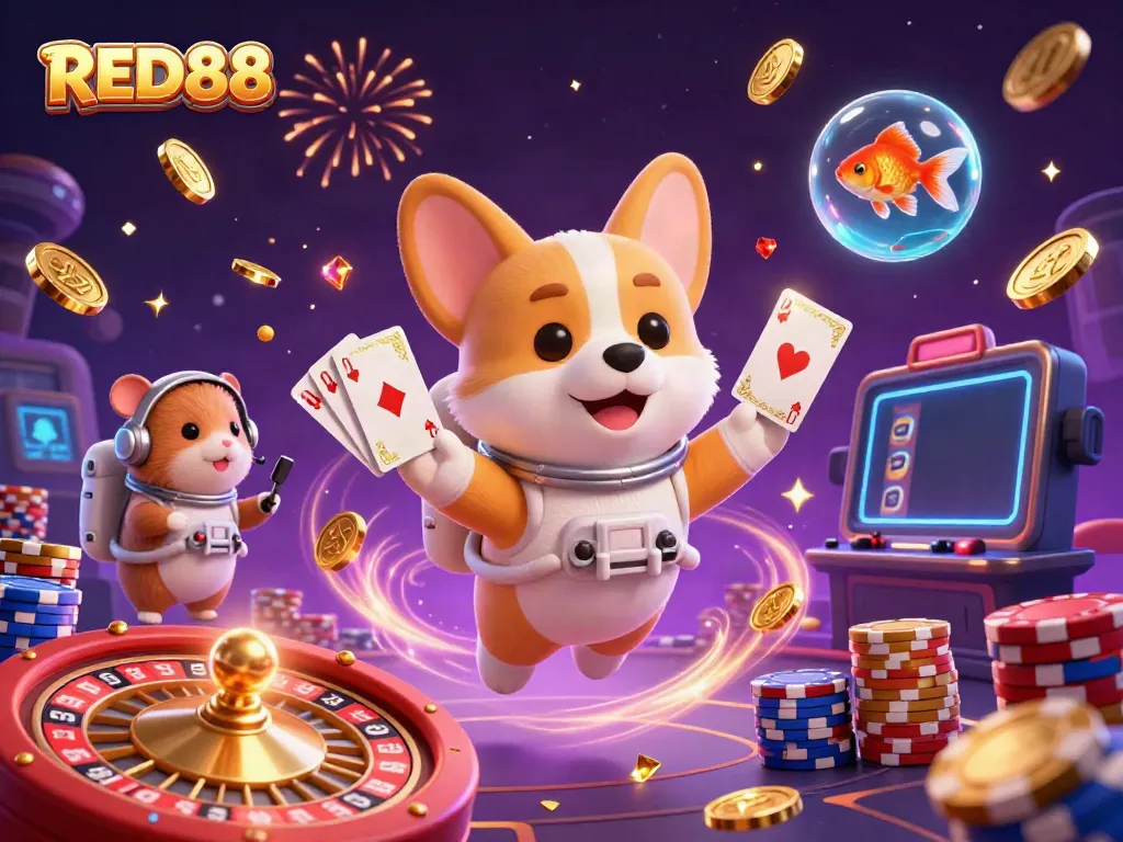 Experience the excitement of RED88 casino with a dynamic 3D illustration featuring a playful astronaut corgi and friends.