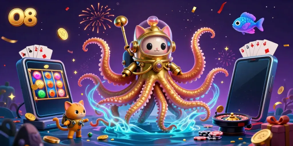 Engage with O8's thrilling world of gaming featuring colorful slot games, golden kraken, and playful diving cat.