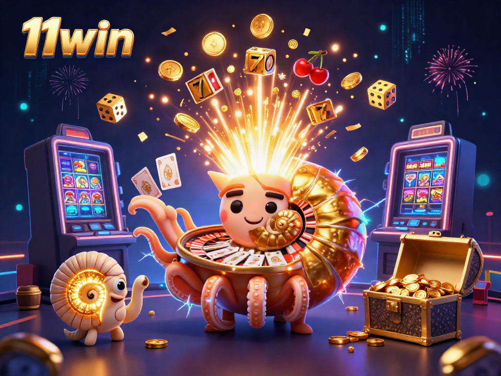 Experience the thrill of 11win with a vibrant 3D scene featuring casino elements like a nautilus roulette and explosive slot machine.