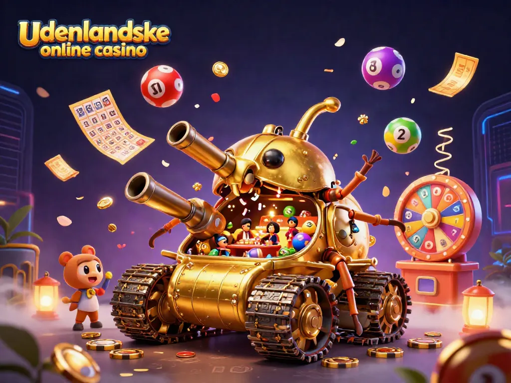 Engage with the vibrant scene of udenlandske online casino featuring a golden beetle tank and a lively casino inside.