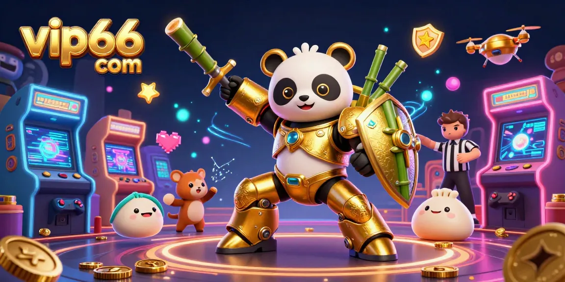 Engage in thrilling gameplay at vip66 com with colorful 3D casino-themed robots and arcade elements.