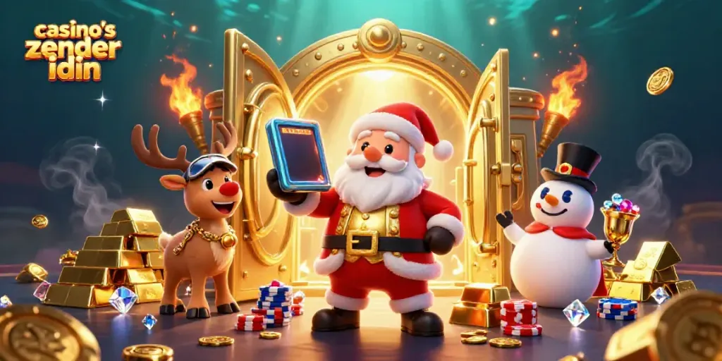 Experience excitement at casino's zonder idin with Santa and friends celebrating jackpots and treasures.